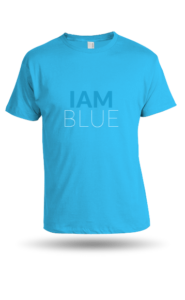 A blue shirt with the words " iam blue ".