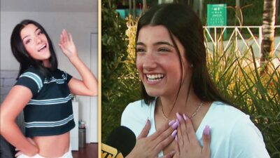 Here's an alt tag for the image: Charli D'Amelio smiling, before and after.