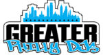 A city skyline with the words greater philly day written in it.
