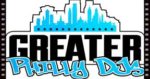 A city skyline with the words greater philly day written in blue.