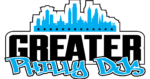 A blue and white logo for the greater philly day.