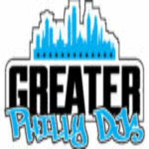 A blue and white logo for greater philly djs.