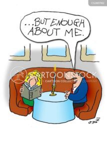 Here's an alt tag for the image: `Couple on date; one talks excessively.`