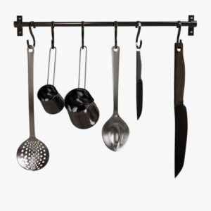 Here's an alt tag for the image: Black kitchen utensil rack with tools.