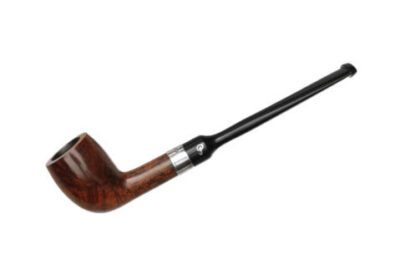 Brown wooden smoking pipe with black stem.